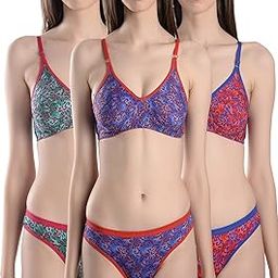Cotton Bra Panty Set for Women, Non-Padded, Non-Wired, Seamed, Self Design Fullcoverage, Lingerie Set, Pack of 3 Combo Pack-picture-0