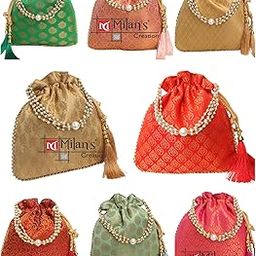 Combo set of Brocade Potli Bag Purse With Pearl Handle Tassel Women’s Handbag Giveaways Festival (Mix colors)-1