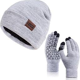 Winter 1-3 PCS Beanie Hat Gloves Scarf for Men and Women, Knit Fleece Lined Warm Touchscreen Gloves Beanie Infitiny Scarf Set, Gloves&beanie Light Gray White, One Size-image-44