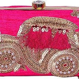 Women's Clutch Purse with Traditional Indian Embroidery of Indian Jeep in Gold & Pearls to Carry Money, Cards, Mobile Phone-image-66
