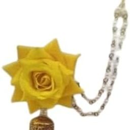 Bridal Yellow Flower Shaped Kundan Nose Pin with Chain for Women-image-1