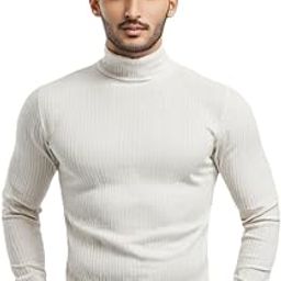 Men's Ribbed Turtleneck Sweater, Long Sleeve, Slim Fit, White-image-64