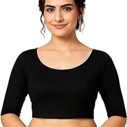 Women's Round Neck Cotton Dobby Stretchable Elbow Sleeve Readymade Saree Blouse with Slip-On Fit-image-33