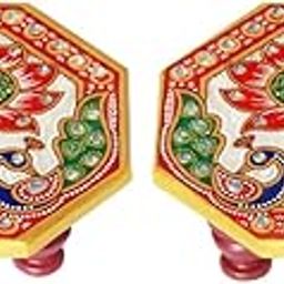Handicrafts Paradise Octagonal Peacock Design Painted Marble Chowki (10.2 Cm X 10.2 Cm X 2.55 Cm, Set Of 2), Multicolour-11