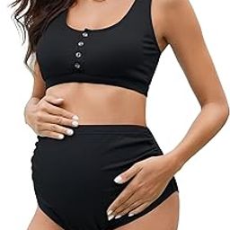 High Waist Maternity Swimsuit Two Piece Pregnancy Swimwear Bikini Bathing Suits for Women Maternity Swimsuits, Black, Medium-79