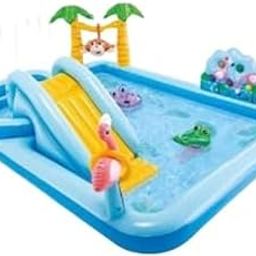KAOMOJI Jungle Adventure Inflatable Family Lounge Pool | Dual Pool Zones with Slide & Sprayers Includes Ring Toss Game, Inflatable Palm Trees, Flamingo (Multi,1pcs)-18