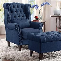 THE CRAFTED STORE - Velvet Button Tufting High Back Chair + Footrest Wing Chair Design Chesterfield Maharaja Chair for Living Room, Bedroom, Hallways (Navy Blue)-image-57