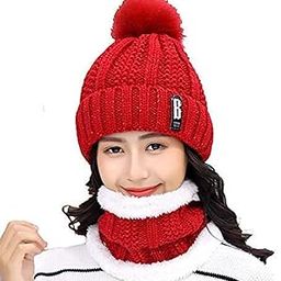 Women Winter Woolen Beanie Cap with Scarf Set Stretch Warm(Inside Fur) Lining Winter caps for Girls-image-7