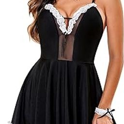 Black & White Lingerie Set | Babydoll Dress for Women Hot Sexy | V Neck Nightwear Sexy Dress | French Maid Costume Dress | Mini Dress with Choker & Cuffs-image-80