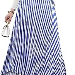 Blue & White Satin Striped Accordion Pleated Maxi Skirt-image-72