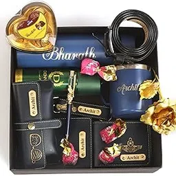 custom Atrum Shutrum Customized Mens Gift Hamper Set With Water Bottle, Passport Cover, Pen, Men Wallet, Sunglasses Cover, Keychain, Men Deodorant, Golden Rose, Chocolates With Coffee Mug and Belt (Blue)-picture-38