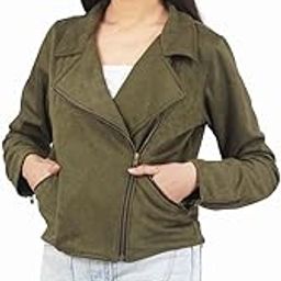 Suede Jacket With Brass Zipper on Pockets and Sleeves | Winter Crop Length Biker Jacket for Women | Stylish With Coat Collar (XXL, Olive)-image-71