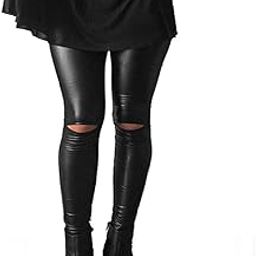 Women fashion Knee Cut Ripped Hole High Waist Skinny Leather Leggings Pants women Skinny trousers female Fitness Skinny (Black)-image-1