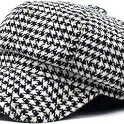 Stylish Unisex Fall Winter Tweed Newsboy Hat Black 8 Panel Houndstooth Casual Dress Hats Cabbie Driving Cap, Black Houndstooth, One Size-image-7