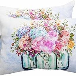Anzona Pack of 2 Spring Floral Lumbar Pillow Covers, Outdoor Waterproof Throw Pillow Covers Set, Summer Botanical Blue Ombre Watercolor Decorative Cushion Case for Patio Beach, 12x20 Inch-image-38