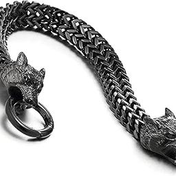 Biker Mens Stainless Steel Wolf Head Franco Link Curb Chain Bracelet with Spring Ring Clasp-12