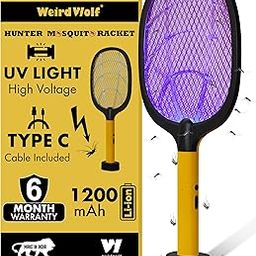 WEIRD WOLF 2 in 1 UV Light Mosquito Bat Racket Electric Fly Swatter with Base Stand, Lithium Battery, USB Type- C Charging, Warranty, Yellow/Black-19