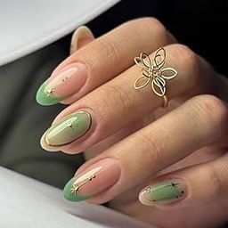 FWS Artificial Press On Nails Art Set, Reusable Stick On Nails Glossy Light Green French Golden Chrome Star Shape Stiletto (Set Of 20) With Nail Glue, Nail file, cuticle pusher, cleaning wipe-image-7