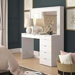 ABBAJI INTERIORS Engineered Wood Dressing Table/Mirror with Drawer, Storage Shelves (White)- Length 54inch,Width 18inch,Height 60inch-picture-7