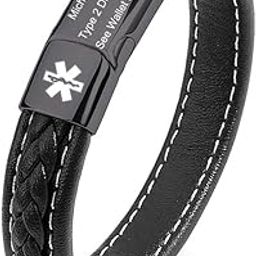 Personalized Braided Leather Emergency Medical Alert ID Bracelets for Men Women Free Engraving Four Lines with Magnetic Clasp Cuff Wristband Bracelet Titanium Steel Life Medical Alert Bracelets For-image-40
