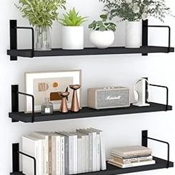 TAKME Floating Wall Shelf Set, 3-Tier, Black Metal Frame with Engineered Wood, 40 cm Width, Modern Wall Mount Storage for Living Room, Bedroom, Kitchen-image-32