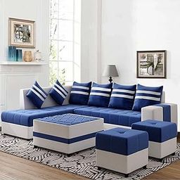 Modern L-Shaped Sectional Sofa Set with Ottoman, Tufted Cushions, Blue and Grey, 6 Throw Pillows-image-77