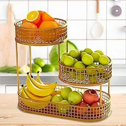 HOME DECO 3 Tier Metal Fruit Round Basket Fruit and Vegetables Organizer for Home Kitchen And Dinning| Multipurpose Fruits and Vegetables Basket Decor(Gold)-image-49