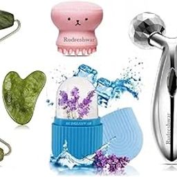RUDRESHWAR Manual Body, Face Massager Roller, ice Roller, 3D Massager Roller And Anti Aging 100% Natural Stone Jade Roller With Gau Sha Stone, Octopus Brush (Multi Color)-1