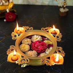 Jaszz Art Brass Camel 6in 4 Diya Urli Bowl with Bells Ethnic Design Uruli for Home Decor Floating Flowers Candle Lamps Temple Room Traditional Diwali Decoration Gift (25*25*9 cm and 1450 g)-21
