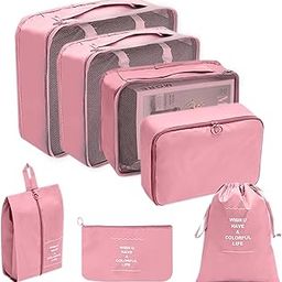 VARENYYA Nylon 7 Pcs Travel Organizer Pouch Packing Cubes For Travel Clothes Space Savers Bags Cosmetics/Underwear/Socks/Shoes Toiletry Organiser Pouch (Pink)-image-37