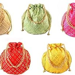 Traditional Sequins Potli Combo Drawstring Bags with Pearl Handle, Floral Embroidered Design-38