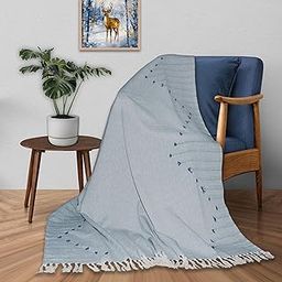 HOME COLORS.IN Cotton Canvas Chambray Clip Jacquard Throw 50 x 60 Inches, Decorative Living Room Couch Throw, Sofa Knitted Blanket and Ac Comforter with Fringes (Blue - 127 X 152 Cm)-picture-11