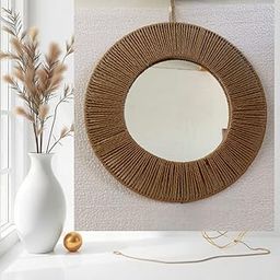 Moon DAZZLE Circular Rattan Wall Mirror, 16 inch Diameter Bohemian Art Decorative Aina for Make-Up, Living Room, Bedroom-image-41