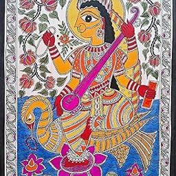 Ma Saraswati Madhubani Painting, Authentic Mithila Artwork, Bright Vivid Colors, Folk Art, Spirituality-image-52