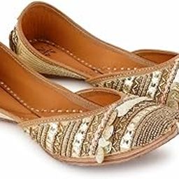 Women's Handmade Leather Gold Embellished Indian Jutti Flats-36