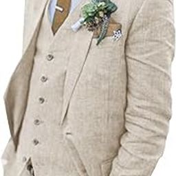 Retro Linen Men's Suit for Beach Wedding - Summer Slim Fit 3 Pieces Light Weight Jacket, Vest, Pant Tuxedo, Beige, XX-Large-image-51