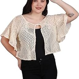 Women Self Design Cotton Lace Round Neck Flared Sleeve Shrug | Front Open, Button Closure | Beige | 4X-Large-10