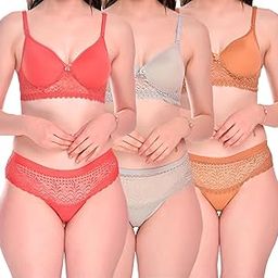 Women Hosiery Net Lace Padded Bra Panty Set Regular Ladies Undergarment Lingerie Set for Women's Multicoor (Combo Pack of 3)-picture-37