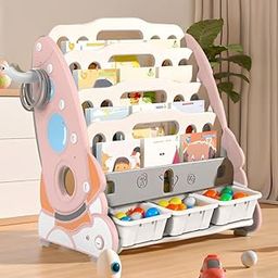 oddpod™ Multi-Layer Bookcase for Toddlers, 2 in 1 Children's Bookshelf with Toy Storage Organiser/Toddlers Book Racks with Trays for Living Room, Playroom, Study Room, & Reading Corners - Pink-3