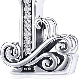Alphabet Initial Charms Letter A-Z Solid 925 Sterling Silver Cubic Zirconia Beads Dangle Pendants for Pandora European Bracelets Necklace Women Girls Jewelry Gift, Cubic Zirconia, Cubic-7