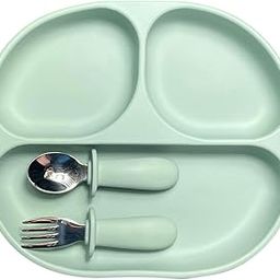KIDSNX Baby Food Tray Silicon Plate & Cutlery Set Food Tray Platter for Babies with 3 Compartments & Cute Spoon Fork Baby Safe Easy Clean Food Organizer - Green-22