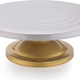 TEX-RO Cake Decorating and Icing Turntable/Serving Stand, Signature Edition 360° Smooth Rotating Cake Stand, Silver Top & Golden Bottom, 12 Inch (30 cm) Diameter Fiber Cake Turntable (Silver,Gold)-0