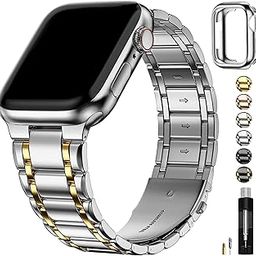 Fullmosa Metal Bands with Case [Watch NOT Included] Compatible Apple Watch Strap 45mm 44mm 42mm, Steel Apple Watch Bandfor iWatch Series 9 8 7 6 5 4 3 2 1 SE SE2,42mm 44mm 45mm Silver and Gold-picture-31
