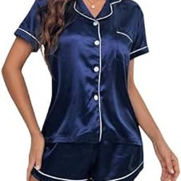 Women's Satin Plain/Solid Relaxed Night Suit Set of Top & Shorts Pajama Set Button-Down Silk Pajamas Floral Sleepwear Bridal Pjs Lounge Pj Sets(Large, Blue)-image-16