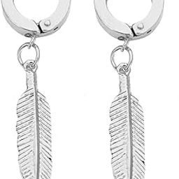 Uniqon (1 Pair) Silver Color Trendy Round Shaped Press Screw Pierced Style Clip On Metal Barbell Earring Hoop Stud Bali With Hanging Feather/Leaf For Men And Women-image-4