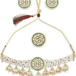 Multicolor Beaded Ethnic Kundan Choker Necklace Earring & Ring Set For Women-ZPFK10833-image-7