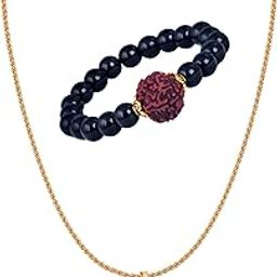Jewellery for Less Black Onyx Stone and Panch Mukhi Rudraksha Stretchable Bracelet and Gold Plated Panch Mukhi Rudraksha Pendant with Chain for Men and Boys.,Valentine-15