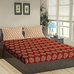 Trance Home Linen 100% Cotton King Size Bedsheet for Double Bed, 1 Sheet (108x108 Inches) With 2 Pillow Covers | 200 TC (9x9 Feet | Damask & Dori - Clay Red)-image-76