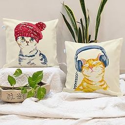 Cute Cats Digital Printed Jute Cushion Covers (12x12-inch; White) - Set of 2-image-1