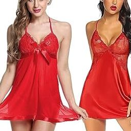 Women's Net Solid Above Knee Babydoll Lingerie Combo Set (Red, Free Size)-picture-15